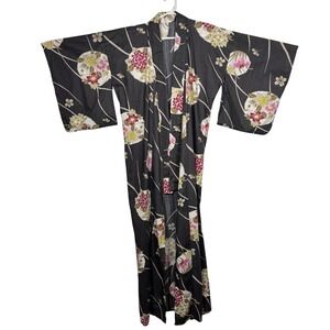 Vintage Japanese Yukata Kimono Floral Cotton Robe Japan-Core Dark Floral